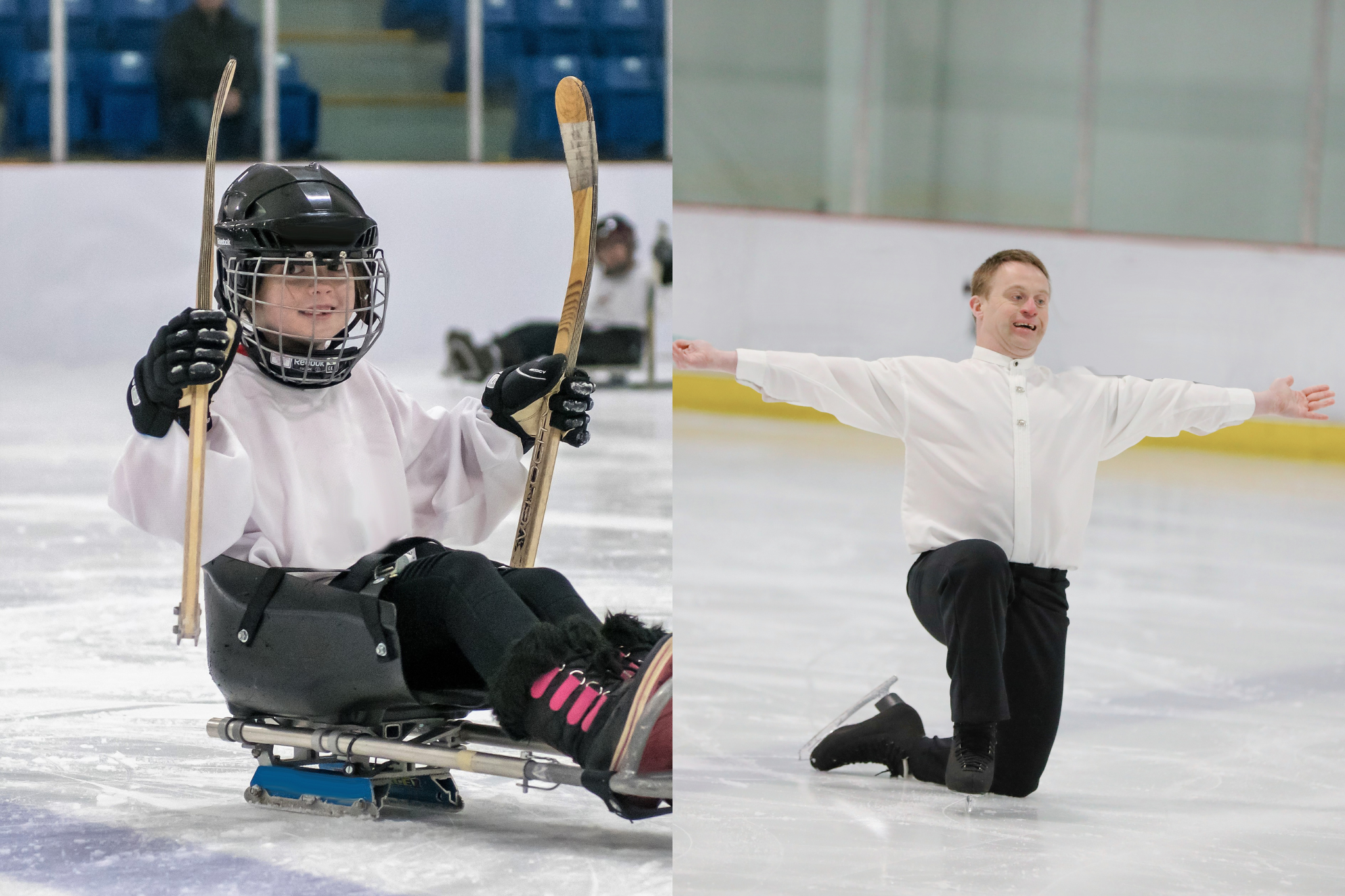 Skater receiving support during an adaptive skating session